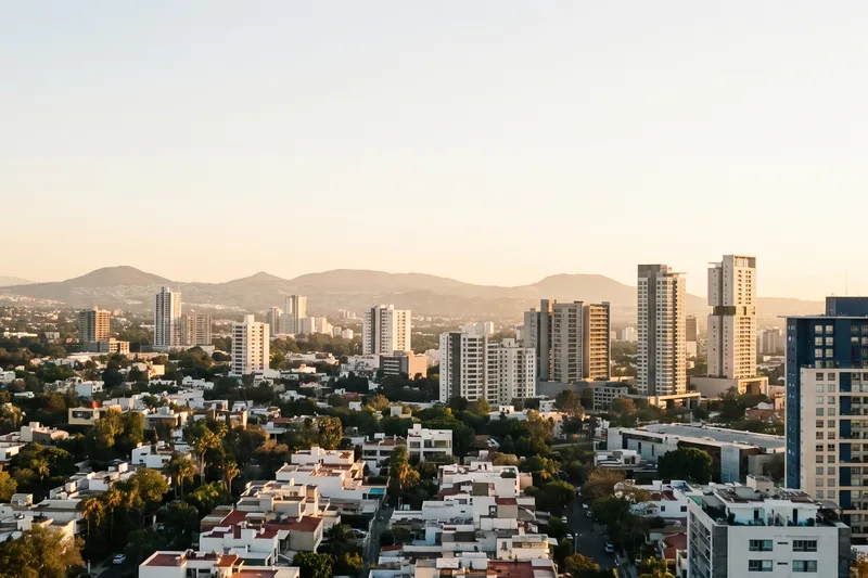 Vista elevada de Guadalajara al final de la tarde, con colonias arboladas y torres al fondo