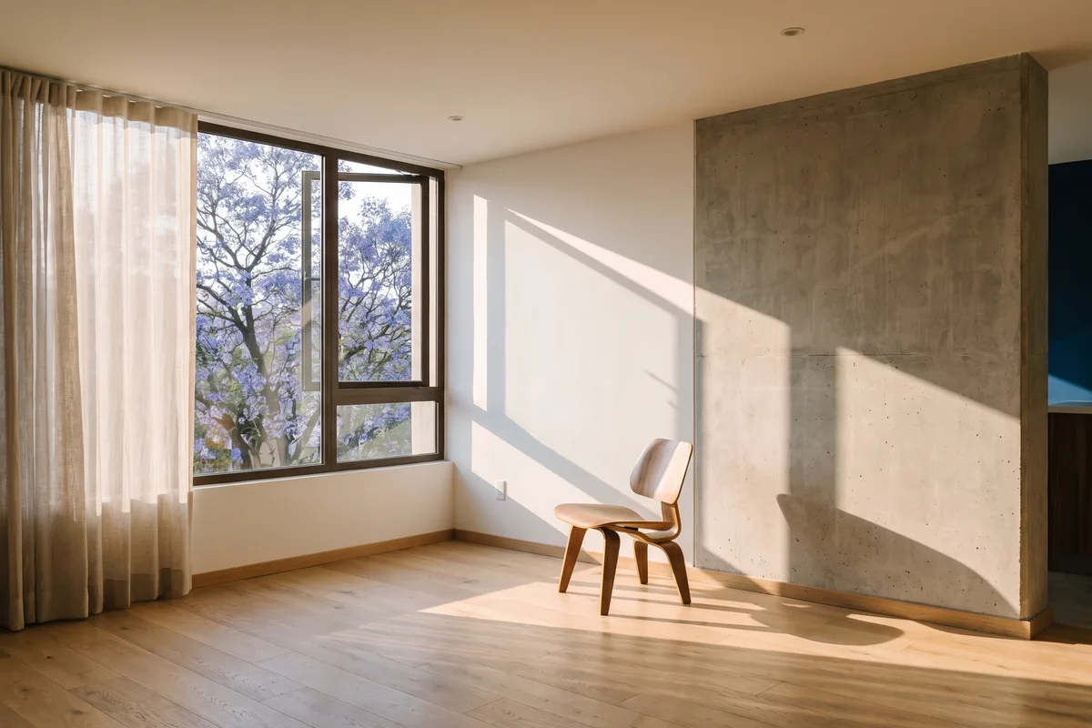 Interior luminoso de un departamento vacío con duela clara y una ventana hacia una jacaranda