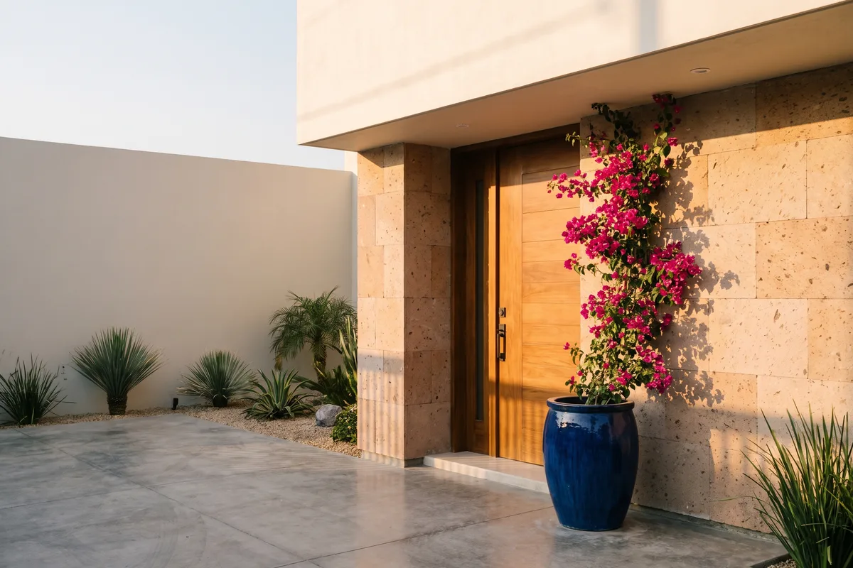 Puerta de entrada de una casa remodelada en Zapopan, con madera clara, cantera y una buganvilia